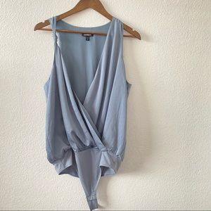 Express dusty blue/gray slinky sleeveless tank bodysuit size large plunge neck